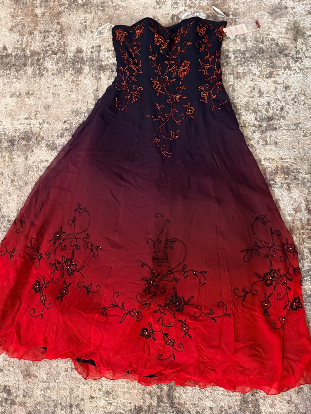 Femme Paris Strapless Ombre Navy to Red Embroidered Evening Gown